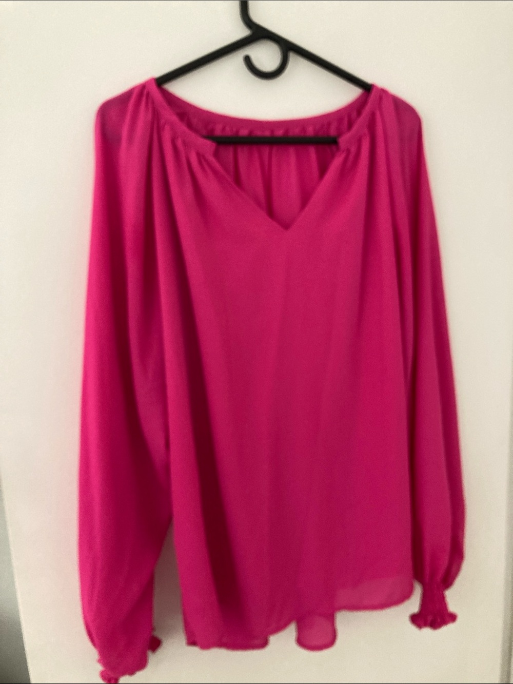 Bright Pink V-Neck Long Sleeve Blouse